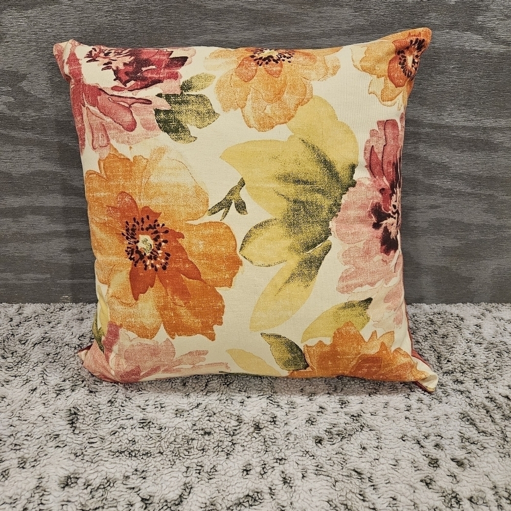 Pier 1 18"x18" Floral Knife Edge Spring Pillow W/Velour Backing Removable Cover